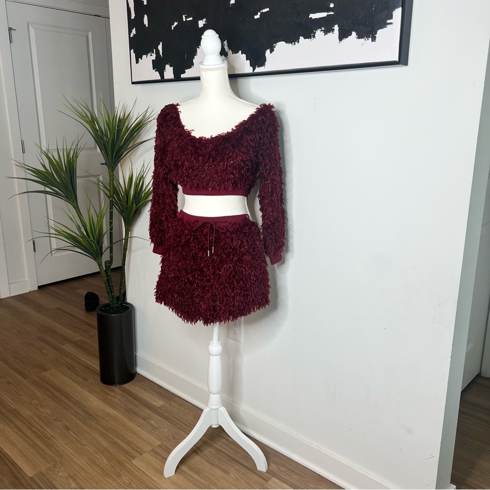 Burgundy Feather Shorts Set